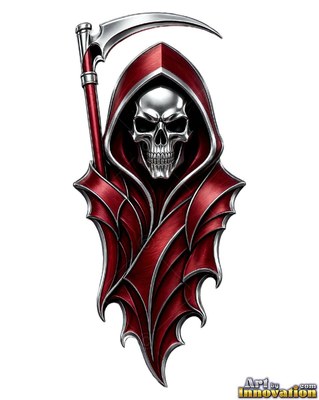 On a clear background, a metallic grim reaper wears a red hood beside a silver scythe