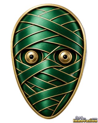 Staring forward, a green metal mummy badge is wrapped in gold-trimmed bands
