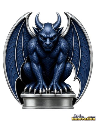 Curved horns top a crouching blue gargoyle emblem set on a plain white backdrop