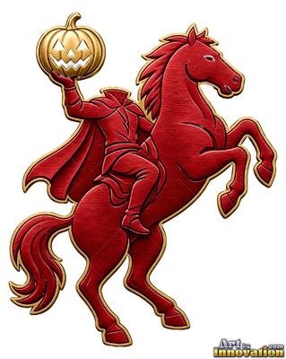 A headless horseman rears up on a horse while holding a gold jack-o'-lantern