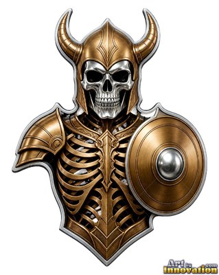 Facing forward on a white background, a bronze skeleton emblem wears a horned helmet