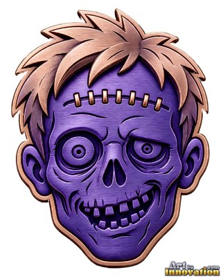 A purple Frankenstein monster metal badge with copper hair and a stitched forehead