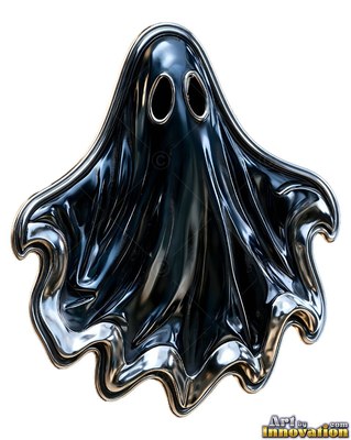 On a plain white background, a shiny black metal ghost badge floats upright
