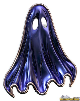 Floating upward, a metallic purple ghost emblem with hollow eyes ripples in folds