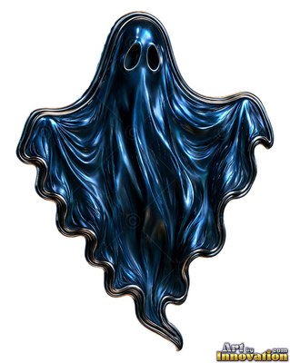 Metallic blue ghost badge with draped folds and dark eye holes