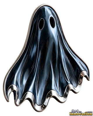 Hollow oval eye cutouts mark a glossy black sheet ghost badge over clear space