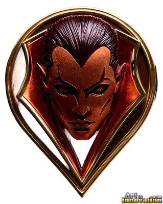 A metallic vampire badge glares forward inside a glossy, copper-colored frame