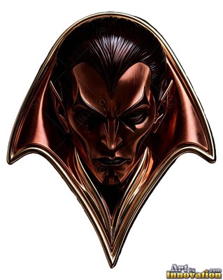Looking straight ahead against a white backdrop, a copper vampire badge glares out