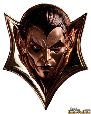 A bronze metal vampire emblem with pointed ears and a high winged collar