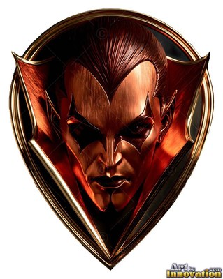 On a pointed bronze badge, a vampire with a high collar stares forward