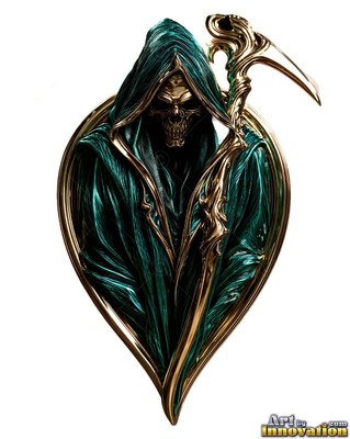 Holding a gold scythe, a reaper wears a metallic teal cloak inside a shield frame