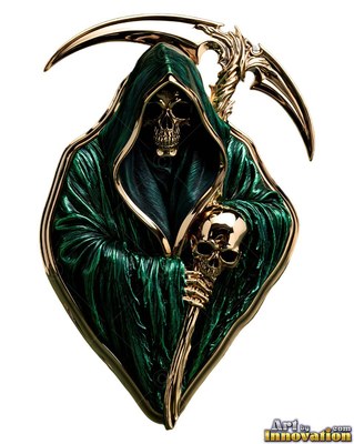 Grim reaper emblem in a green cloak holding a scythe