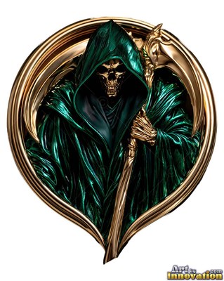 A deep green hood shades a grim reaper holding a scythe inside a gold badge frame