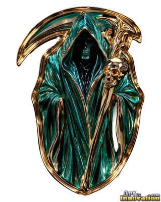 A hooded reaper badge holds a scythe with shiny teal robes and gold trim