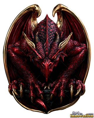 Crouching head-on inside a golden oval frame, a red metal dragon glares forward