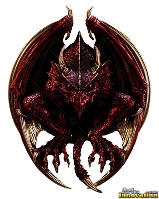 A red metal dragon perches forward with arched wings and gold claws