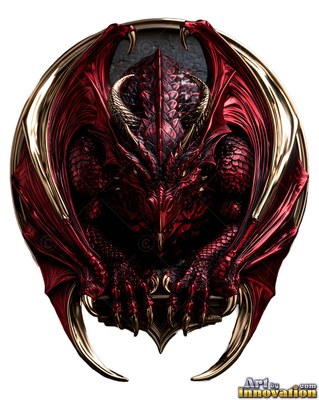 Inside a circular gold frame, a red scaly dragon perches with spread wings