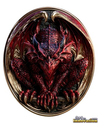 Crouching inside an oval frame, a red scaly gargoyle perches with sharp claws