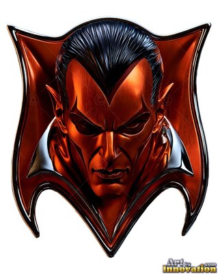A metallic red vampire badge with pointed ears and slick hair