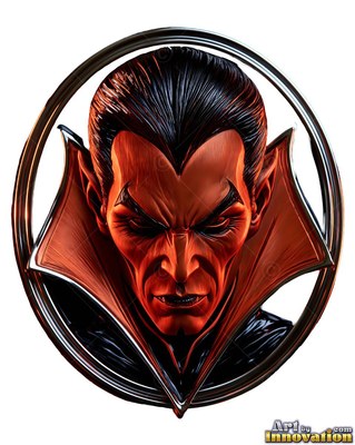High pointed collar framing a red vampire face inside a circular metal ring