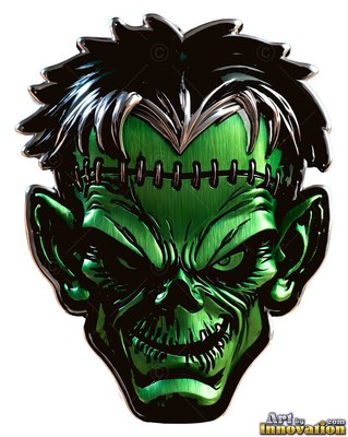 Frankenstein's monster scowls forward with stitched green metal skin reflected in bright highlights