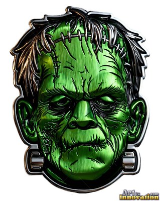 Looking straight ahead on a white background, a green Frankenstein monster metal badge