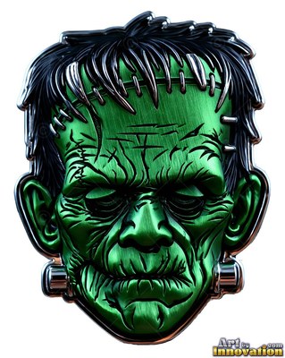 A green metal badge of Frankenstein's monster with black hair and neck bolts