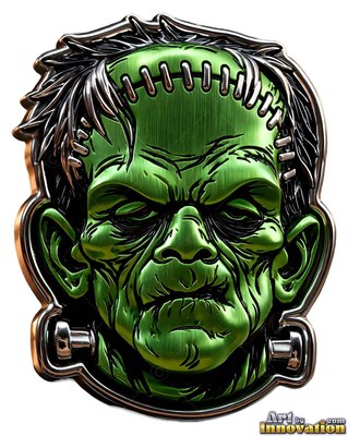 On a solid white field, a green metal badge shows Frankenstein's monster scowling