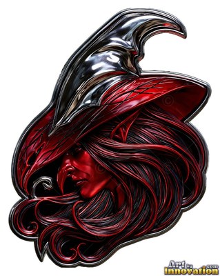 Glancing sideways, a red metal witch wears a pointed chrome and crimson hat