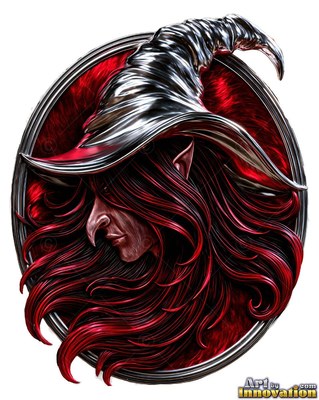 Metal witch emblem with long red hair and a pointed hat