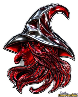 A curved silver pointed hat against a clean field of plain white sits atop a red metal witch