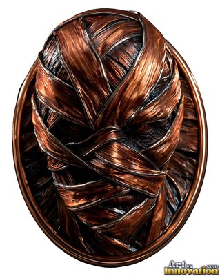 Facing forward inside an oval frame, a mummy wrapped in bronze metal bands