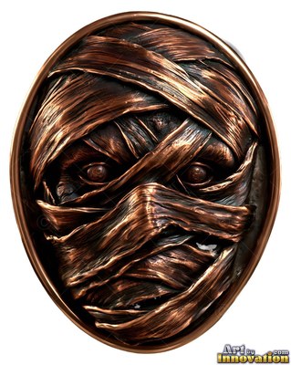 On a bronze oval badge, a wrapped mummy stares forward with round eyes