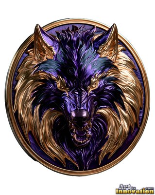 Snarling forward, a round metal wolf badge shines in deep purple and gold fur
