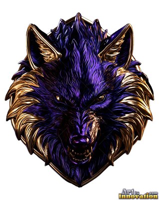 Purple and gold werewolf badge snarling forward