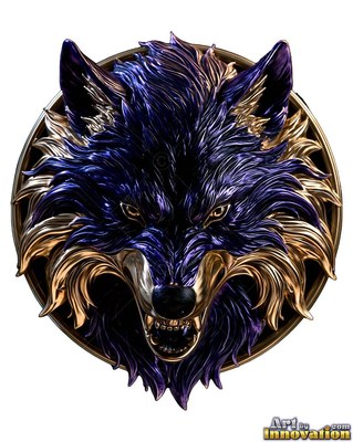 Bared sharp fangs on a snarling purple and gold werewolf metal emblem on white