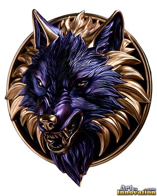 A metallic wolf snarls from a round badge, shaded with deep purple and polished gold