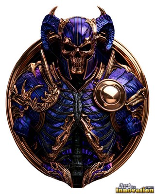 Facing the viewer in a bronze oval frame, a horned skeleton wears purple armor