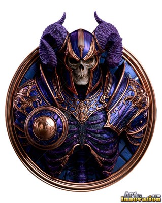 A skull warrior wearing purple and copper horned armor inside a round frame