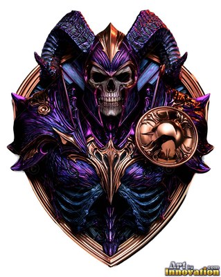 Inside a pointed crest, a horned purple metal skeleton wears spiked armor