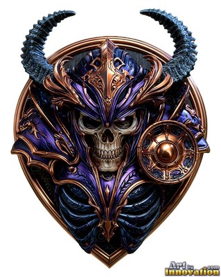 Staring forward, a horned skull emblem wears purple and bronze armor
