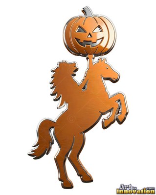 Bronze headless rider holding a carved pumpkin on a rearing horse