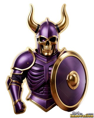 Horns rise from the purple helmet of a skeleton warrior against white
