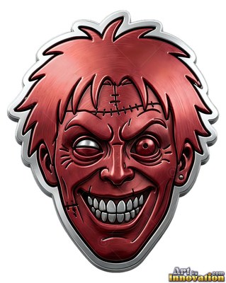 A metal monster face grins with white teeth, finished in brushed red with silver edges