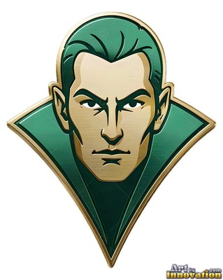 Facing the viewer on a green badge, a gold face with pointed ears and green hair