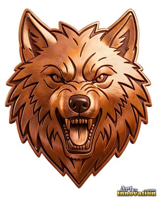 A copper werewolf emblem snarls with sharp fangs bared on a plain solid white field