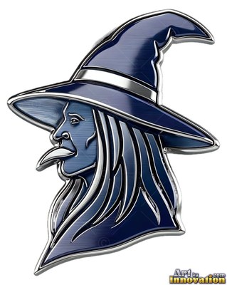 On a plain background, a blue metal witch badge wears a pointed hat in profile