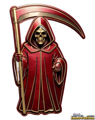 Holding a scythe, a metallic Grim Reaper emblem wears a hooded red robe with gold trim