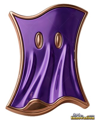 Purple and bronze metal badge shaped like a draped ghost