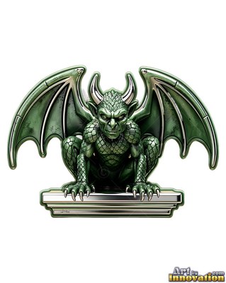 Curved horns top a green scaled gargoyle crouching on a ledge against white